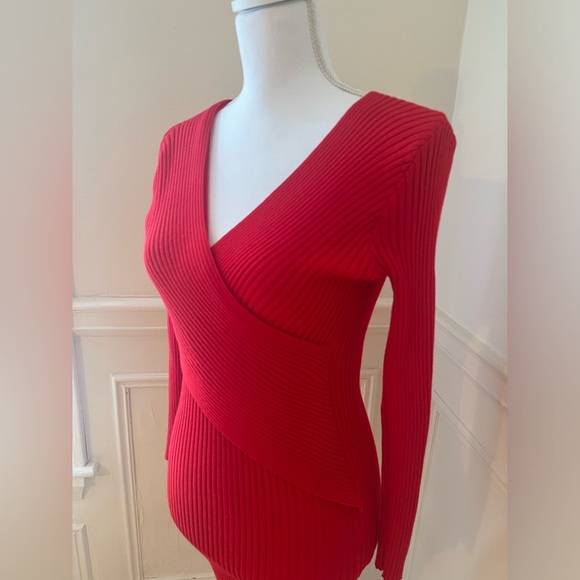 Red Bodycon Knit Wrap Midi Sweater Dress - Picture 4 of 5